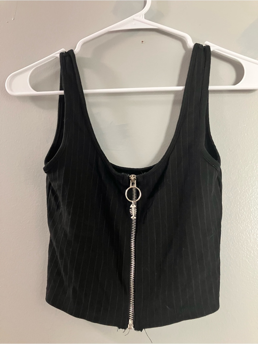 Black Pinstripe Zip-Front Tank Top
